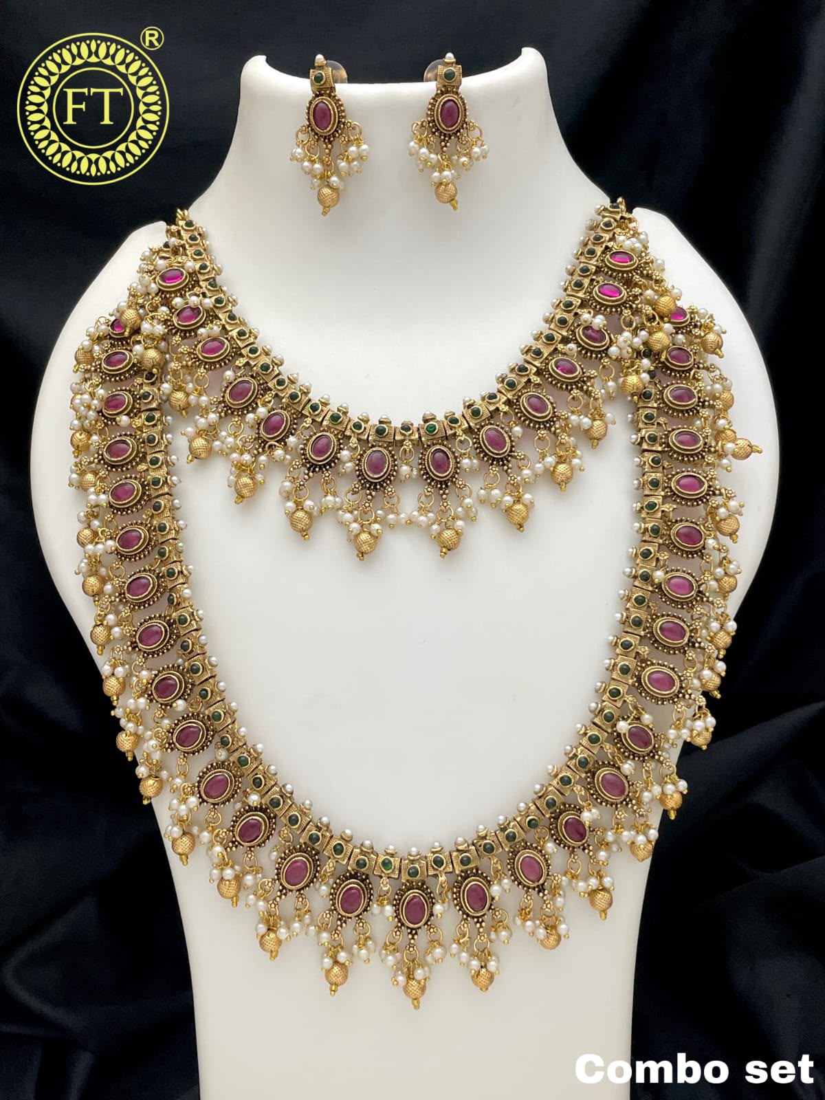 Traditional Antique Gold-Plated Necklace and Earrings Combo Set